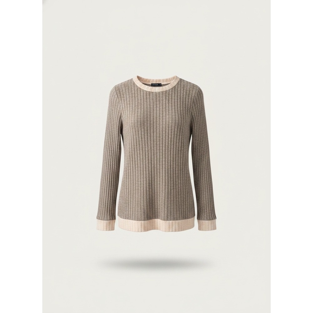 Sampeel Womens Ribbed Knit Sweater Taupe Cream Colorblock Crew Neck Medium NEW